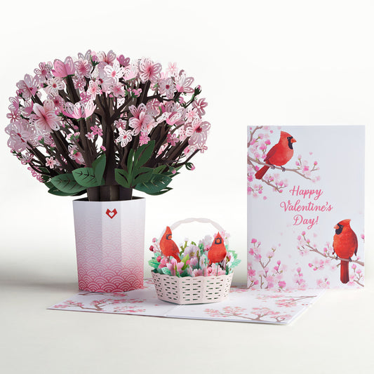 Valentine’s Cherry Blossom with Cardinals Pop-Up Card & Bouquet Bundle